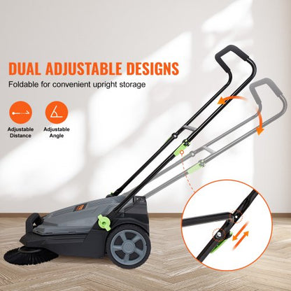 North Walk-behind Hand Push Floor Sweeper, 25.6" Sweeping Width Floor Sweeper Manual Non-Electric, 5-Gallon Waste Container, Angle & Height Adjustable Folding Handle for Walkway, Yard, Garage, Patio