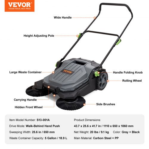 North Walk-behind Hand Push Floor Sweeper, 25.6" Sweeping Width Floor Sweeper Manual Non-Electric, 5-Gallon Waste Container, Angle & Height Adjustable Folding Handle for Walkway, Yard, Garage, Patio