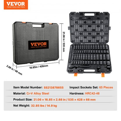 North 1/2" Drive Impact Socket Set, 65 Piece Socket Set SAE 3/8" to 1-1/4" and Metric 10-24mm, 6 Point Cr-V Alloy Steel for Auto Repair, Rugged Construction, Easy-to-Read Size Markings, Storage Case