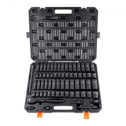 North 1/2" Drive Impact Socket Set, 65 Piece Socket Set SAE 3/8" to 1-1/4" and Metric 10-24mm, 6 Point Cr-V Alloy Steel for Auto Repair, Rugged Construction, Easy-to-Read Size Markings, Storage Case
