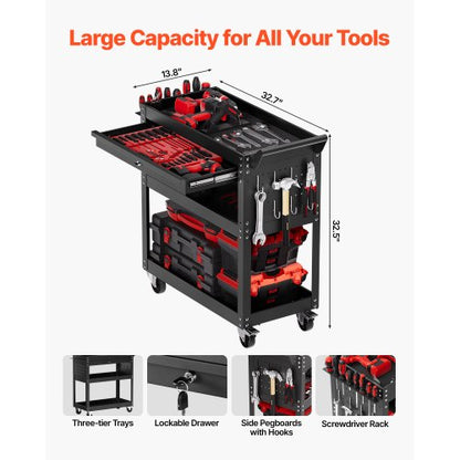 North 4-Tier Tool Cart with Wheels, 350 lbs Load Capacity, Rolling Work Cart with Drawer & Pegboard, Mechanic Tool Storage Organizer with Locking System for Garage, Warehouse and Repair Shop, Black