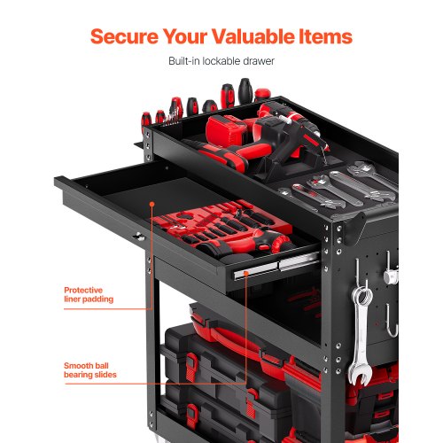 North 4-Tier Tool Cart with Wheels, 350 lbs Load Capacity, Rolling Work Cart with Drawer & Pegboard, Mechanic Tool Storage Organizer with Locking System for Garage, Warehouse and Repair Shop, Black