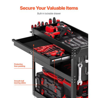 North 4-Tier Tool Cart with Wheels, 350 lbs Load Capacity, Rolling Work Cart with Drawer & Pegboard, Mechanic Tool Storage Organizer with Locking System for Garage, Warehouse and Repair Shop, Black