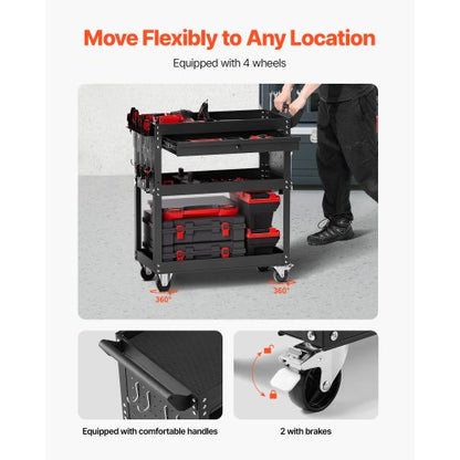 North 4-Tier Tool Cart with Wheels, 350 lbs Load Capacity, Rolling Work Cart with Drawer & Pegboard, Mechanic Tool Storage Organizer with Locking System for Garage, Warehouse and Repair Shop, Black