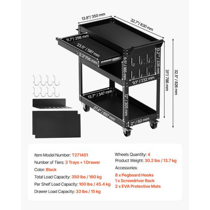 North 4-Tier Tool Cart with Wheels, 350 lbs Load Capacity, Rolling Work Cart with Drawer & Pegboard, Mechanic Tool Storage Organizer with Locking System for Garage, Warehouse and Repair Shop, Black