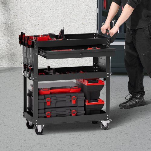 North 4-Tier Tool Cart with Wheels, 350 lbs Load Capacity, Rolling Work Cart with Drawer & Pegboard, Mechanic Tool Storage Organizer with Locking System for Garage, Warehouse and Repair Shop, Black