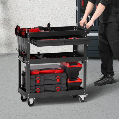 North 4-Tier Tool Cart with Wheels, 350 lbs Load Capacity, Rolling Work Cart with Drawer & Pegboard, Mechanic Tool Storage Organizer with Locking System for Garage, Warehouse and Repair Shop, Black