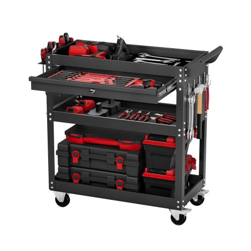North 4-Tier Tool Cart with Wheels, 350 lbs Load Capacity, Rolling Work Cart with Drawer & Pegboard, Mechanic Tool Storage Organizer with Locking System for Garage, Warehouse and Repair Shop, Black