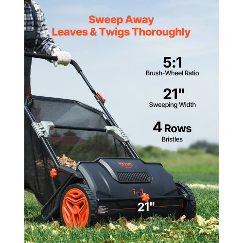 North Push Lawn Sweeper, 21inch Leaf & Grass Collector, Strong Plastic Wheels & Heavy Duty Thickened Steel Durable to Use with Large Capacity 3.5 cu. ft. Mesh Collection Hopper Bag, 2 Spinning Brushes