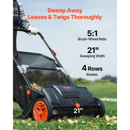 North Push Lawn Sweeper, 21inch Leaf & Grass Collector, Strong Plastic Wheels & Heavy Duty Thickened Steel Durable to Use with Large Capacity 3.5 cu. ft. Mesh Collection Hopper Bag, 2 Spinning Brushes