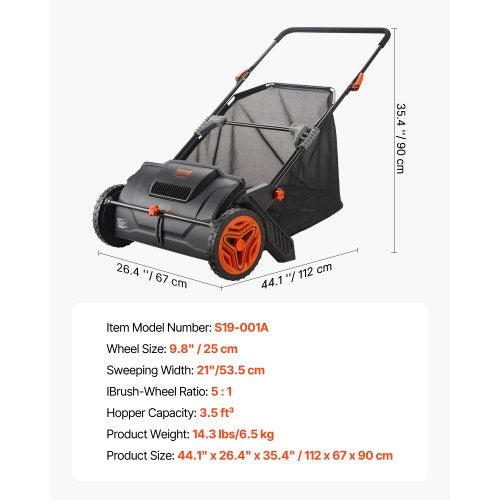 North Push Lawn Sweeper, 21inch Leaf & Grass Collector, Strong Plastic Wheels & Heavy Duty Thickened Steel Durable to Use with Large Capacity 3.5 cu. ft. Mesh Collection Hopper Bag, 2 Spinning Brushes