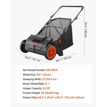 North Push Lawn Sweeper, 21inch Leaf & Grass Collector, Strong Plastic Wheels & Heavy Duty Thickened Steel Durable to Use with Large Capacity 3.5 cu. ft. Mesh Collection Hopper Bag, 2 Spinning Brushes