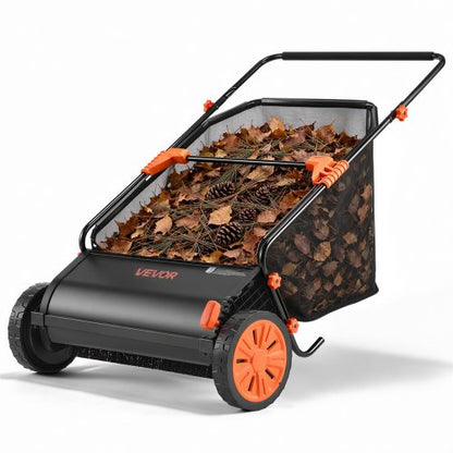 North Push Lawn Sweeper, 30 in Leaf & Grass Collector with 12 cu. ft. Hopper Bag, Adjustable Brush Height & Spinning Brushes, Heavy Duty Yard Sweeper with Rubber Wheels for Leaves Grass Cleanup