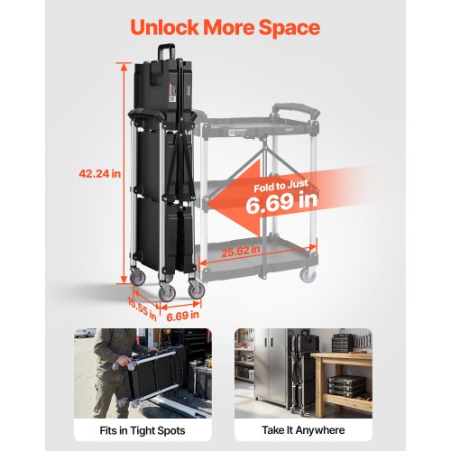 North Foldable Utility Service Cart, 3 Shelf 165LBS Heavy Duty Plastic Rolling Cart with Lockable Wheels, Ergonomic Handle, Portable Garage Tool Cart for Warehouse/Office/Home(25.62"x15.43"x32.76")