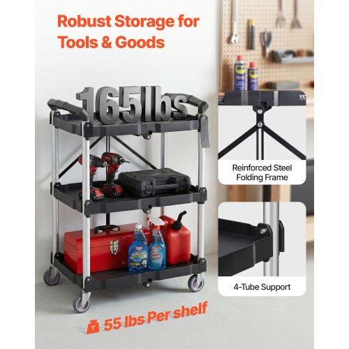 North Foldable Utility Service Cart, 3 Shelf 165LBS Heavy Duty Plastic Rolling Cart with Lockable Wheels, Ergonomic Handle, Portable Garage Tool Cart for Warehouse/Office/Home(25.62"x15.43"x32.76")