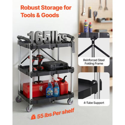 North Foldable Utility Service Cart, 3 Shelf 165LBS Heavy Duty Plastic Rolling Cart with Lockable Wheels, Ergonomic Handle, Portable Garage Tool Cart for Warehouse/Office/Home(25.62"x15.43"x32.76")
