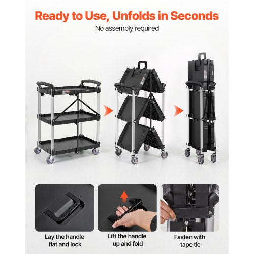 North Foldable Utility Service Cart, 3 Shelf 165LBS Heavy Duty Plastic Rolling Cart with Lockable Wheels, Ergonomic Handle, Portable Garage Tool Cart for Warehouse/Office/Home(25.62"x15.43"x32.76")