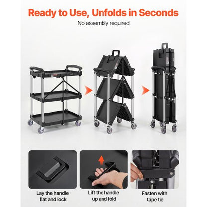 North Foldable Utility Service Cart, 3 Shelf 165LBS Heavy Duty Plastic Rolling Cart with Lockable Wheels, Ergonomic Handle, Portable Garage Tool Cart for Warehouse/Office/Home(25.62"x15.43"x32.76")