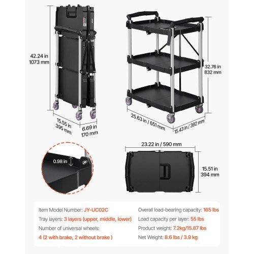 North Foldable Utility Service Cart, 3 Shelf 165LBS Heavy Duty Plastic Rolling Cart with Lockable Wheels, Ergonomic Handle, Portable Garage Tool Cart for Warehouse/Office/Home(25.62"x15.43"x32.76")