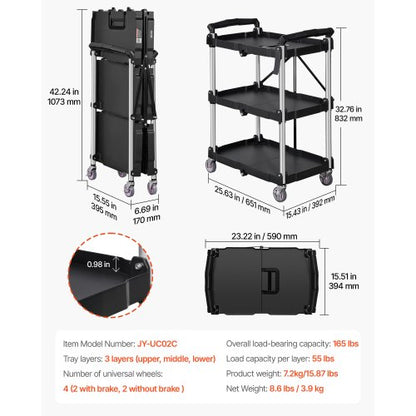 North Foldable Utility Service Cart, 3 Shelf 165LBS Heavy Duty Plastic Rolling Cart with Lockable Wheels, Ergonomic Handle, Portable Garage Tool Cart for Warehouse/Office/Home(25.62"x15.43"x32.76")