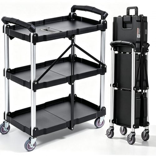 North Foldable Utility Service Cart, 3 Shelf 165LBS Heavy Duty Plastic Rolling Cart with Lockable Wheels, Ergonomic Handle, Portable Garage Tool Cart for Warehouse/Office/Home(25.62"x15.43"x32.76")