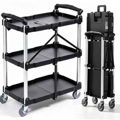 North Foldable Utility Service Cart, 3 Shelf 165LBS Heavy Duty Plastic Rolling Cart with Lockable Wheels, Ergonomic Handle, Portable Garage Tool Cart for Warehouse/Office/Home(25.62"x15.43"x32.76")