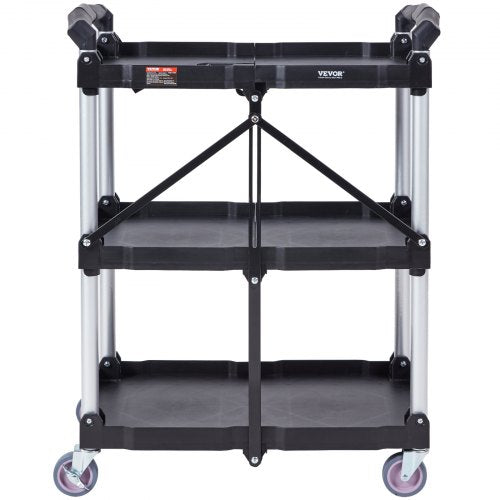 North Foldable Utility Service Cart, 3 Shelf 165LBS Heavy Duty Plastic Rolling Cart with Lockable Wheels, Ergonomic Handle, Portable Garage Tool Cart for Warehouse/Office/Home(25.62"x15.43"x32.76")