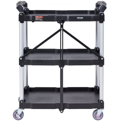 North Foldable Utility Service Cart, 3 Shelf 165LBS Heavy Duty Plastic Rolling Cart with Lockable Wheels, Ergonomic Handle, Portable Garage Tool Cart for Warehouse/Office/Home(25.62"x15.43"x32.76")