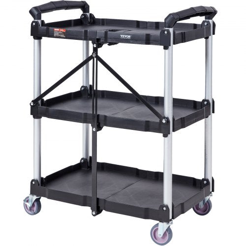 North Foldable Utility Service Cart, 3 Shelf 165LBS Heavy Duty Plastic Rolling Cart with Lockable Wheels, Ergonomic Handle, Portable Garage Tool Cart for Warehouse/Office/Home(25.62"x15.43"x32.76")