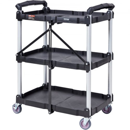North Foldable Utility Service Cart, 3 Shelf 165LBS Heavy Duty Plastic Rolling Cart with Lockable Wheels, Ergonomic Handle, Portable Garage Tool Cart for Warehouse/Office/Home(25.62"x15.43"x32.76")