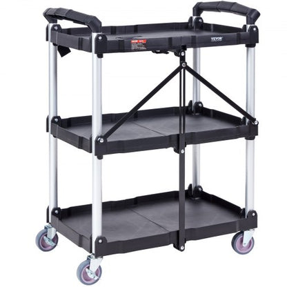 North Foldable Utility Service Cart, 3 Shelf 165LBS Heavy Duty Plastic Rolling Cart with Lockable Wheels, Ergonomic Handle, Portable Garage Tool Cart for Warehouse/Office/Home(25.62"x15.43"x32.76")