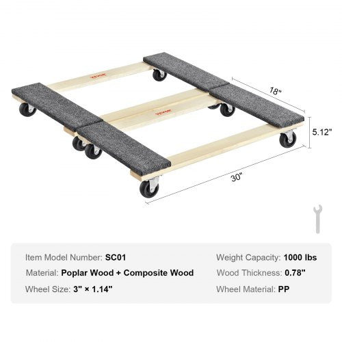 North Furniture Dolly, 1000 lbs Each Load Capacity, 2 Packs, 18" x 30", 8 x 3" PP Swivel Casters, Heavy Duty Hardwood Furniture Moving Dolly, Mover's Dolly, Moving Cart with Wheels for Heavy Furniture